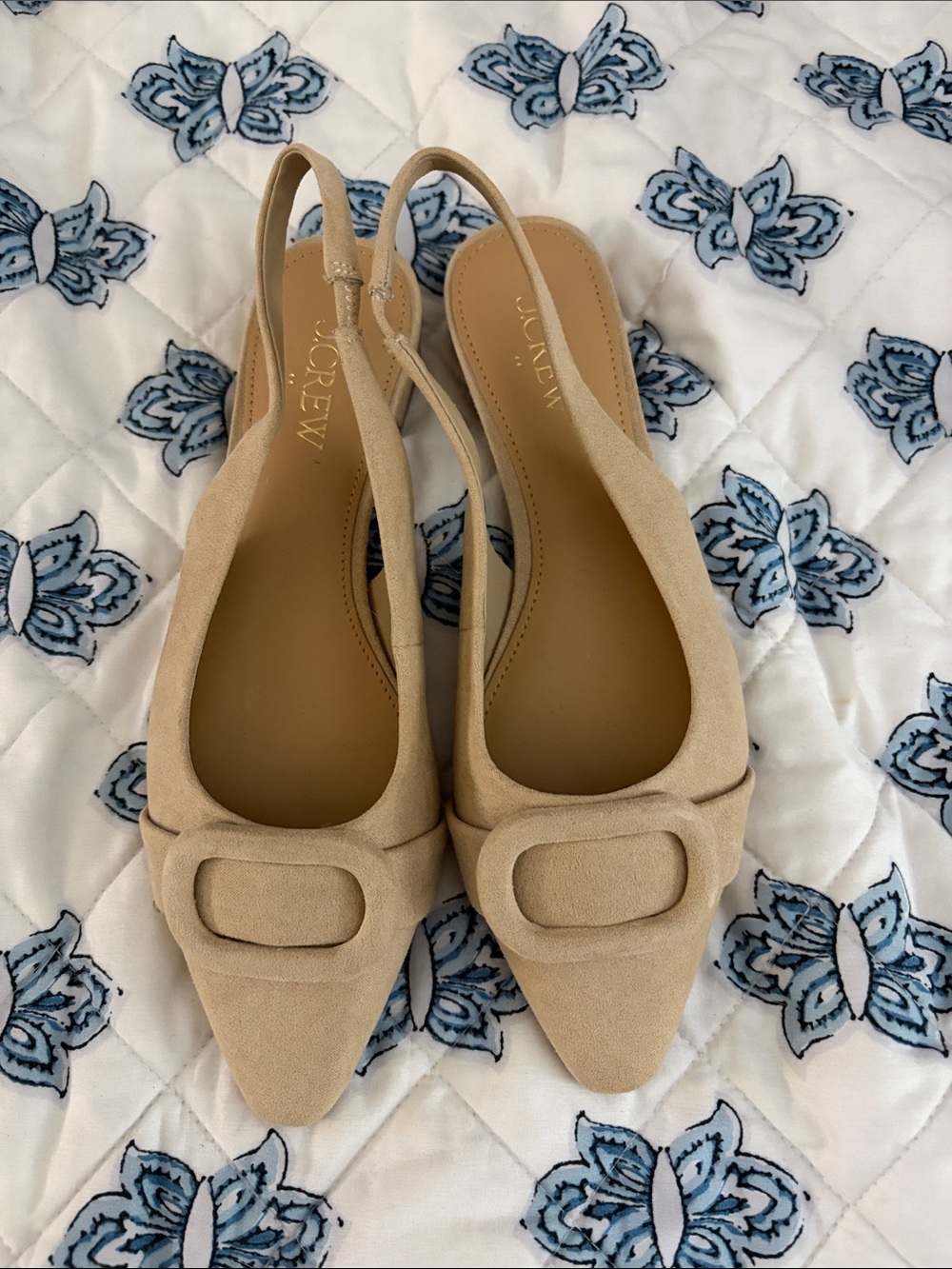 J. Crew Beige Suede Pointed Slingback Flats with Buckle Detail